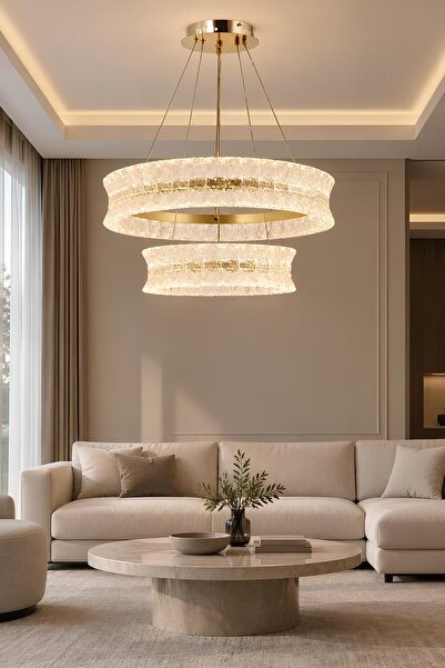 Elvora Home Modern (PREMIUM) Akrilik Sarkıt Avize Gold Kasa Üç Renk LED Cam T...