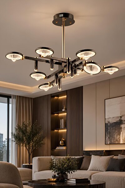 Elvora Home Modern (PREMIUM) Gold Siyah LED Avize 8 Kollu Luxury Salon Yemek ...