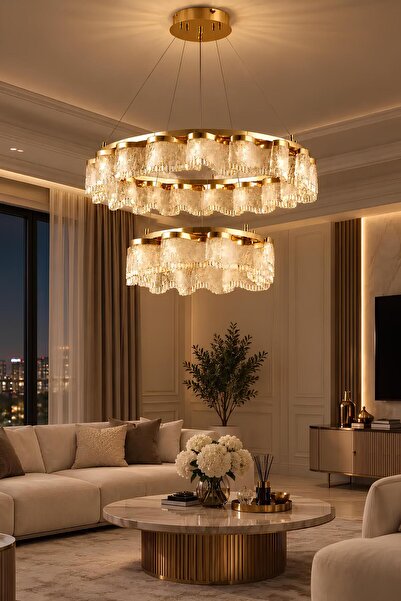 Elvora Home Modern (PREMIUM) LEDli Şelale Tasarım Gold Sarkıt Avize 3 Renk Sa...
