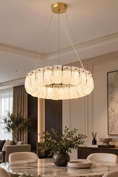 Elvora Home Modern (PREMIUM) Gold Sarkıt Cam Avize 3 Renk LEDli Aydınlatma Lu...