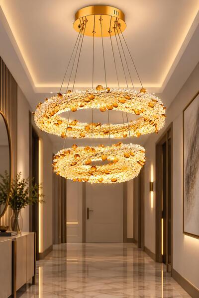Elvora Home Modern (PREMIUM) Gold LEDli Avize 3 Renkli Lüks Sarkıt Salon Yeme...