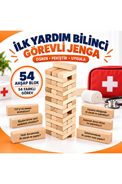 TOTTERİQ İlk Yardım Bilinci Görevli Ahşap Jenga 54 Parça Eğitici Denge Oyunu