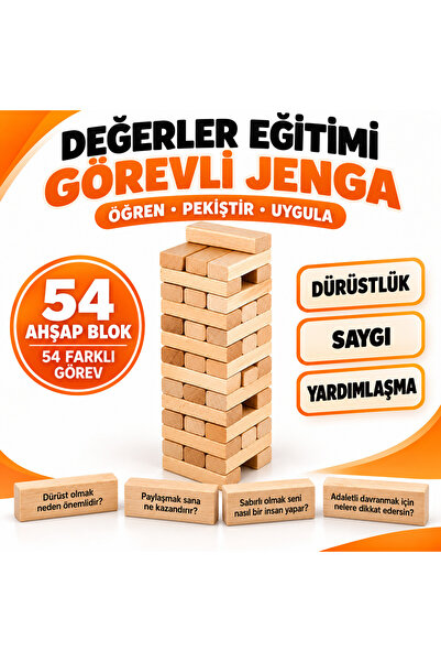 TOTTERİQ Değerler Eğitimi Görevli Ahşap Jenga 54 Parça Eğitici Denge Oyunu
