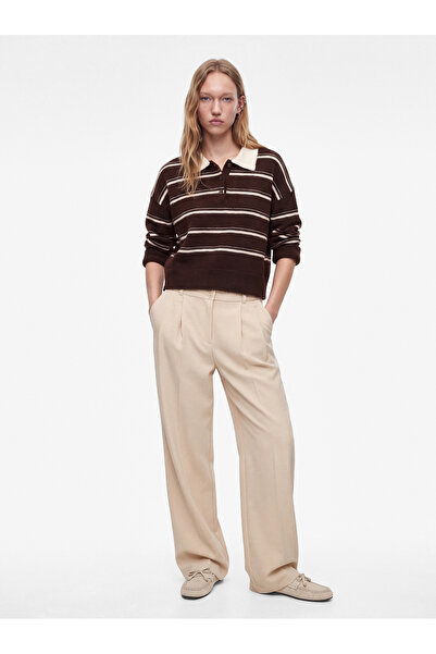 Koton Soft Textured Buttoned Long Sleeve Polo Neck Striped Crop Knit Sweater