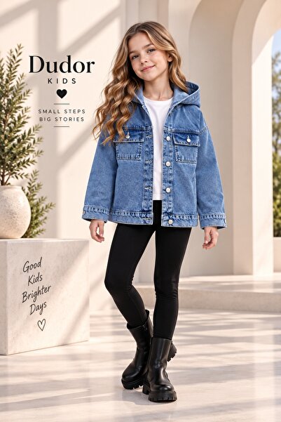 DUDOR KİDS Kız Çocuk Kapşonlu Mavi Kot Ceket-Jeans Ceket/Kot Mont-Jeans Mont-...