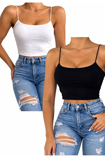 İpeqCollection Askılı Crop Penye Bluz & Atlet 2’li Set A Kalite Set