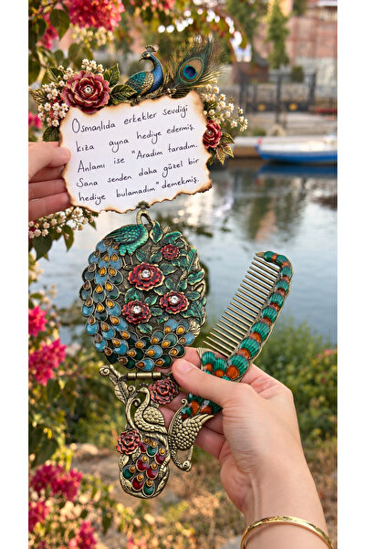 Home Çiçekli Mineli Tavus Kuşu El Aynası ve Tarak Seti Vintage Hediyelik