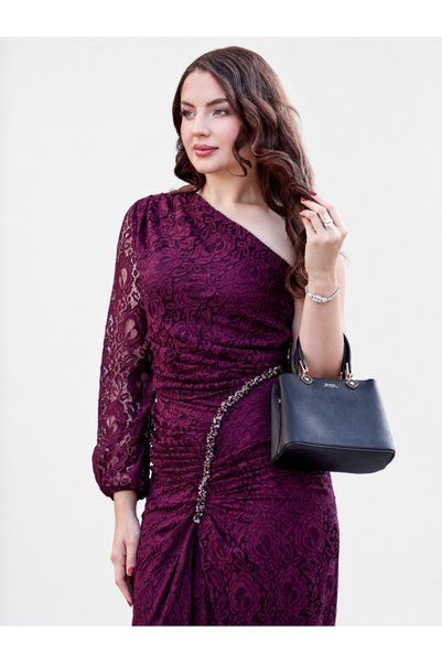 Opera Fashion فستان سهرة طويل دانتيل مزين بالشك - برغندي