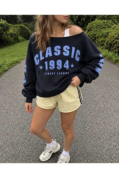 CrepTekstil Crep Kadın 3 İplik Şardonlu İçi Yumuşak Baskılı Oversize Kayık Ya...