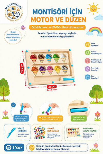 BBSKY Montessori Manyetik Ahşap Dondurma Labirenti - Renk Eşleştirme ve Sayı ...