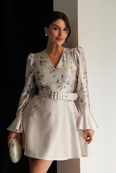 Julidress Floral Patterned V-Neck Belted Mini Satin Dress