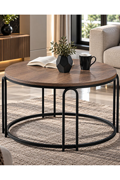 SEDAŞ LIVING UNITS Lenka Koyu Ceviz Ahşap Orta Sehpa Yuvarlak Siyah Metal - s...