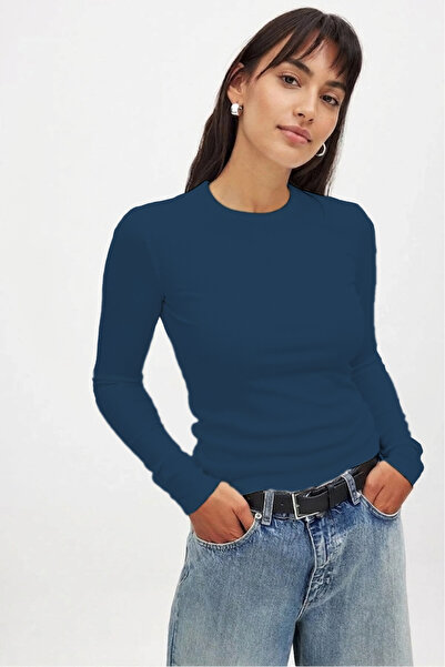 CHEISU Kadın İndigo Mavi Uzun Kollu Bisiklet Yaka T-shirt Bluz Kaşkorse Fitilli