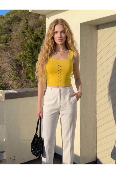 onno style women KOLSUZ ASKILI DELİKLİ TRİKO KADIN BLUZ