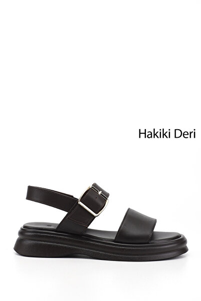 GÖNDERİ(R) Women's Brown Antique Buckle Strap Genuine Leather Sandals