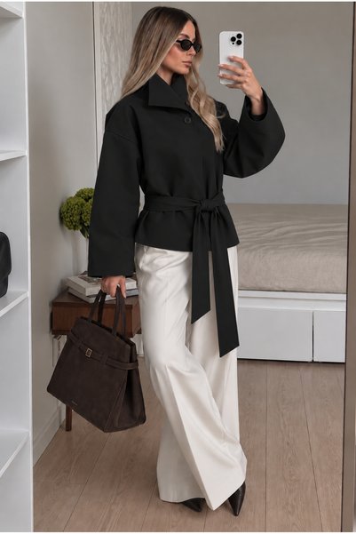 Trendsensin Lorven Belted Women's Black Trench Coat Jacket