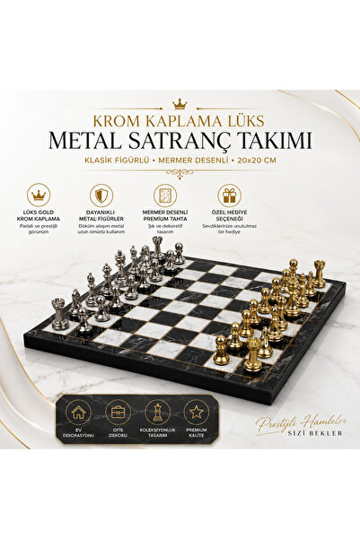 e-life shop Luxury metal chess set with chrome figures 20 x 20 cm black marbl...