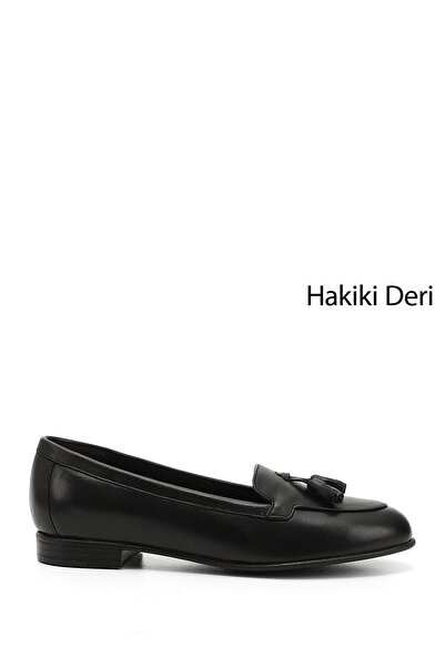 GÖNDERİ(R) Kadın Siyah Püsküllü Hakiki Deri Babet