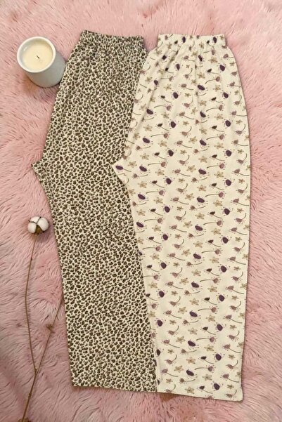 Kadın 2'li Paket Lastikli Bel Uzun Desenli Pijama Rahat Kesim Ev Giyim - Günlük Konfor ve Şıklık