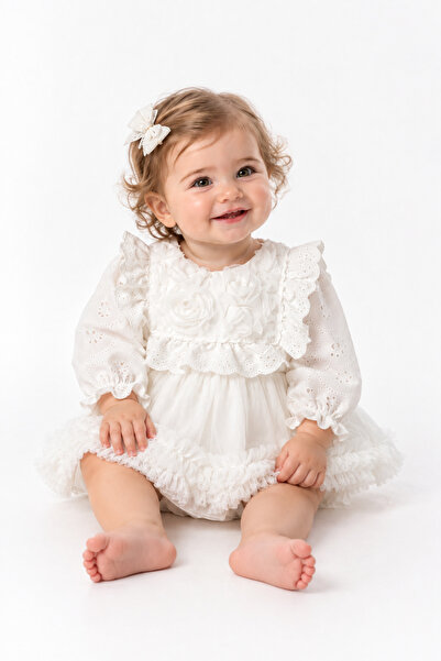 TOGY BABY VE KIDS WEAR Ely Beyaz Dantel Detaylı Kız Bebek Elbise- Mevlüt Elbi...