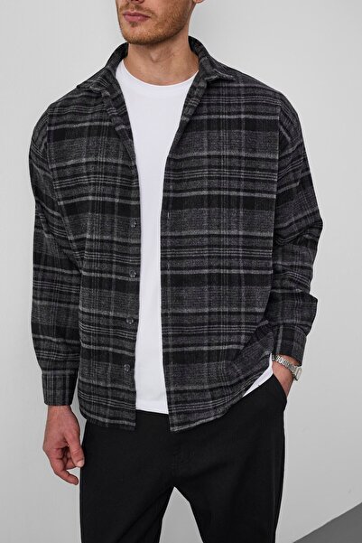 Valiberta Brandon Relaxed Fit Pamuklu Geniş Çizgili Oduncu Erkek Gömlek - Füme