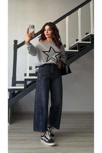 Oslove Antrasit Yıkamalı Yanı Çift Dikişli Baggy Jean