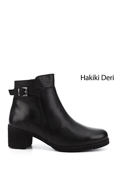 GÖNDERİ(R) Women/Girls Black Floater Zippered Thick Heeled Genuine Leather Boots
