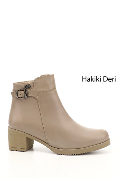 GÖNDERİ(R) Women/Girls Beige Zippered Thick Heeled Genuine Leather Boots
