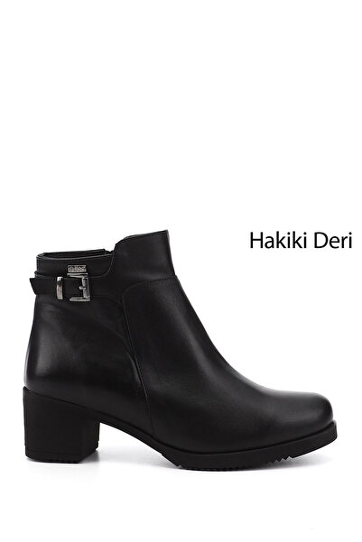 GÖNDERİ(R) Women/Girls Black Zippered Thick Heeled Genuine Leather Boots