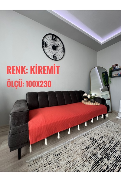 Doğa Püsküllü Şal Model Kiremit Koltuk Örtüsü 100x230 | %100 Pamuk Örme, Kaym...