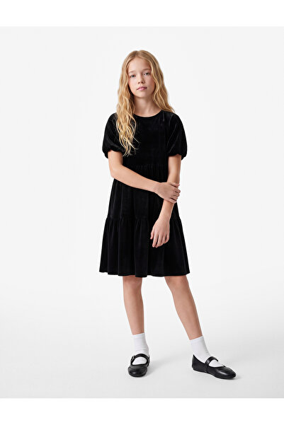 Koton Balloon Sleeve Crew Neck Pleated Velvet Dress