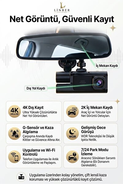 Üç Kameralı Wifi Araç İçi Kayıt Cihazı 1080p Ön İç Arka Gece Görüşlü Dashcam Tüm Araçlara Uyumlu