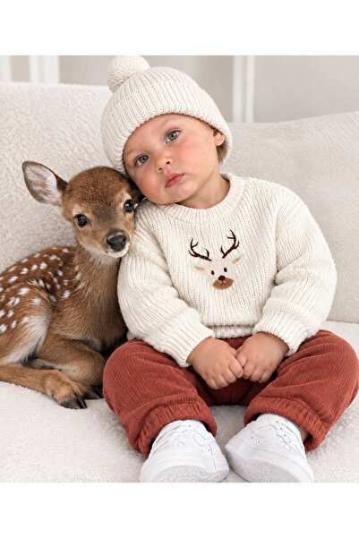 Bolly Baby Triko Kazak Çam ve Geyik Nakışlı Kaşkorse Pantolon Triko Bere Over...