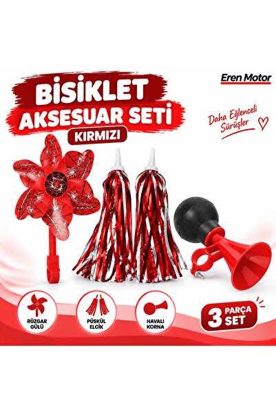 Yerli Bisiklet Aksesuar Seti - Kırmızı - Havalı Korna, Püskül Elcik ve Rüzgar...
