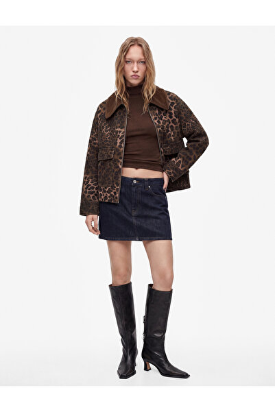 Koton Rahat Kalıp Cepli Fermuarlı Uzun Kollu Yaka Detaylı Denim Leopar Ceket