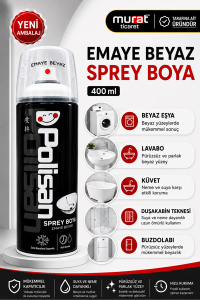 Polisan Emaye Beyaz Sprey Boya 400 ml | Beyaz Eşya, Lavabo, Küvet ve Duşakabi...
