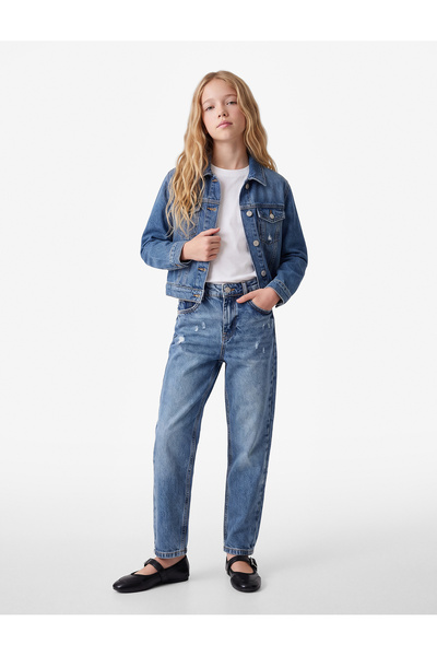 Koton Mom Fit Cotton Denim Pants with Pocket Detail and Distressed Detail