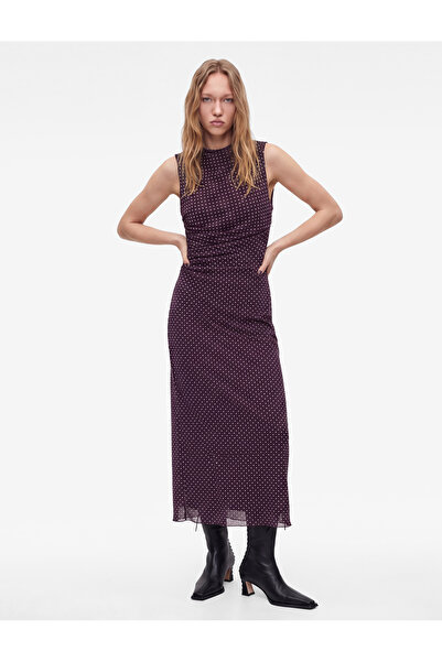 Koton Slim Fit Bisiklet Yaka Kolsuz Drapeli Puantiyeli Uzun Tül Elbise