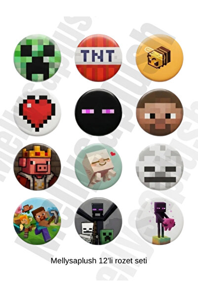 mellysaplush Minecraft Temalı 12’li Rozet Seti Gamer favoriler - 44 mm rozet ...