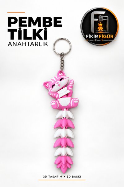 Pembe Beyaz Tilki Figürlü Uzun Kuyruklu Anahtarlık