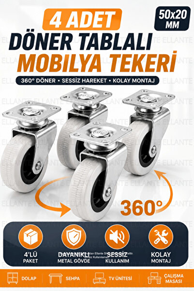 ellante 4 Adet Döner Tablalı Mobilya Tekeri 50x20 mm 360° Döner Sessiz Masa D...