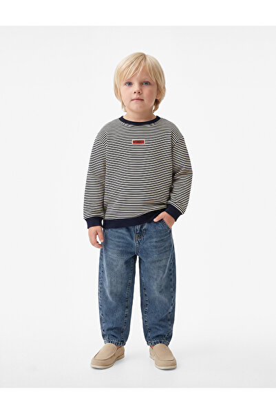 Koton Label Detailed Shirred Crew Neck Long Sleeve Oversize Striped Sweatshirt
