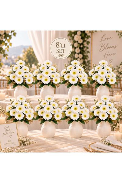Naderi Çiçeği Naderi Çiçek 8 Adet 10’lu Lüks Beyaz Gerbera Yapay Çiçek Demeti...