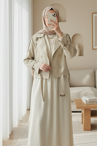 Modamorfo Women's Belted Short Trench Coat 5970 - Stone