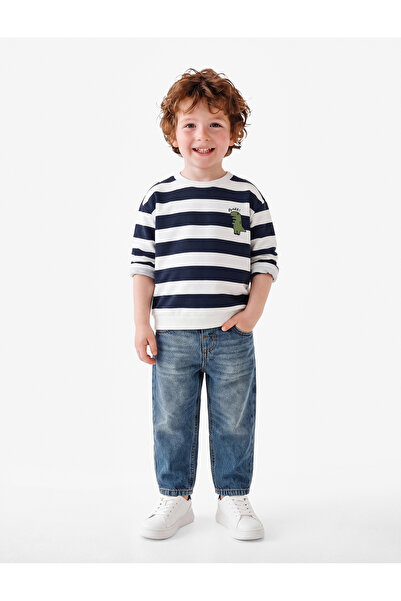 Koton Long Sleeve Crew Neck Raised Cotton Striped Sweatshirt