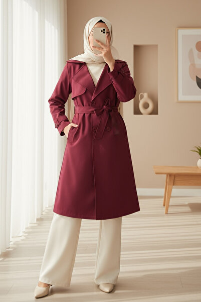 Modamorfo 5918 Double Breasted Collar Trench Coat - Claret Red