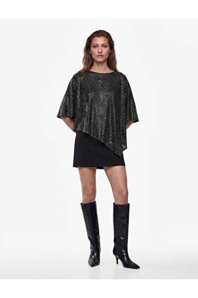 Koton Comfortable Fit Asymmetrical Hem Boat Neck Batwing Sleeves Sequined Pon...