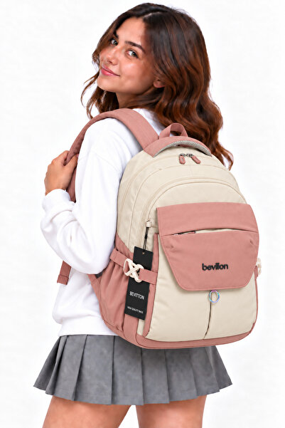 Harmela Waterproof Fabric Unisex Daily School Backpack 2601 Beige-Powder