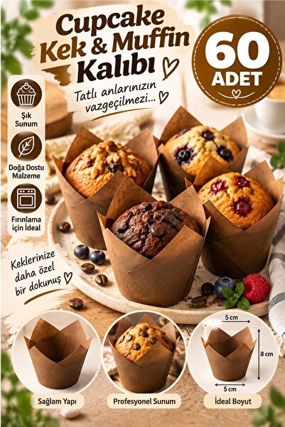 Kitchen Beauty 60'lı Kraft Muffin Cupcake Kalıbı Lale Şekilli Kek Kapsülü Nat...