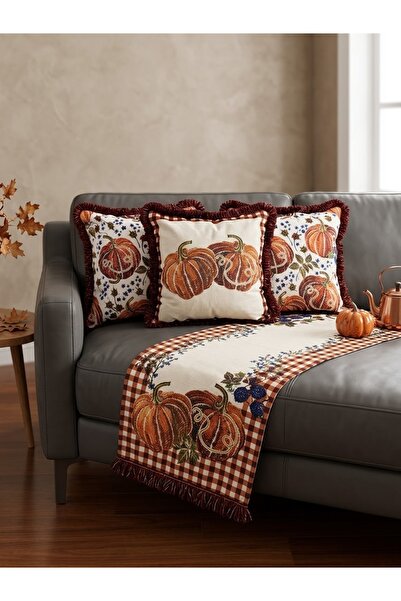 Kedi Tekstil ve Tasarım Balkabağı Serisi 3 Kırlent Kılıfı 1 Runner 43*43 cm k...